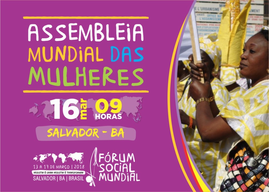 Card anuncia Assembleia Mundial das Mulheres, com imagem de uma mulher negra em marcha