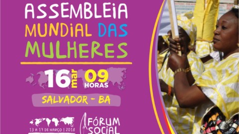 Card anuncia Assembleia Mundial das Mulheres, com imagem de uma mulher negra em marcha